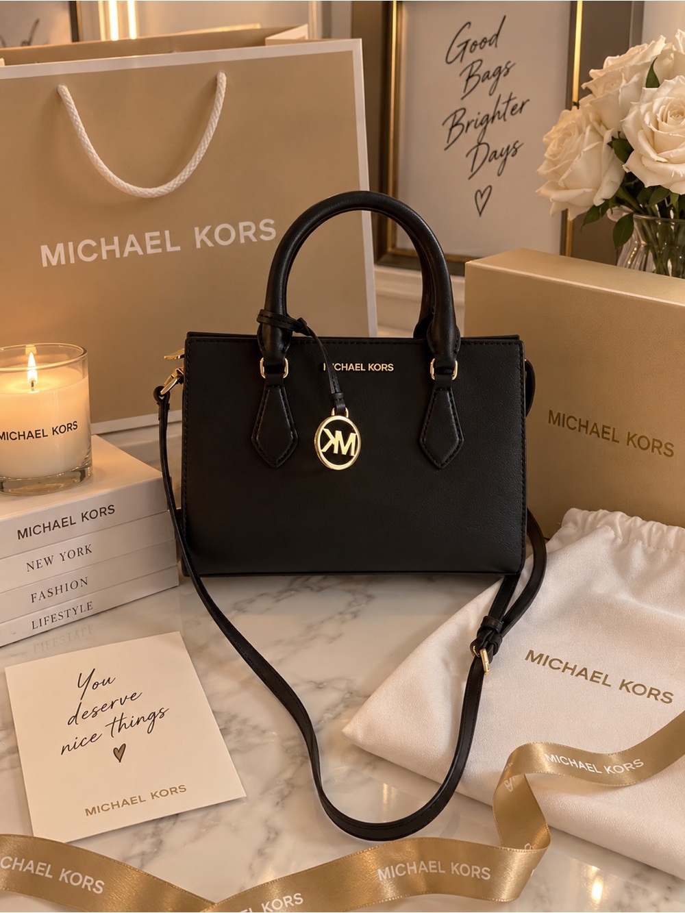 Michael Kors Black Saffiano Leather Small Satchel with Gold Charm